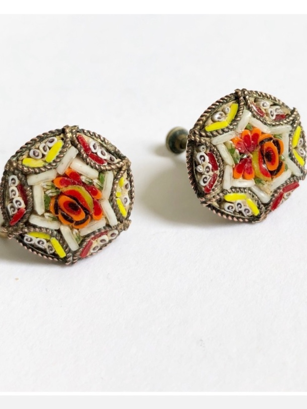 Vintage Micro Mosaic Clip On Earrings